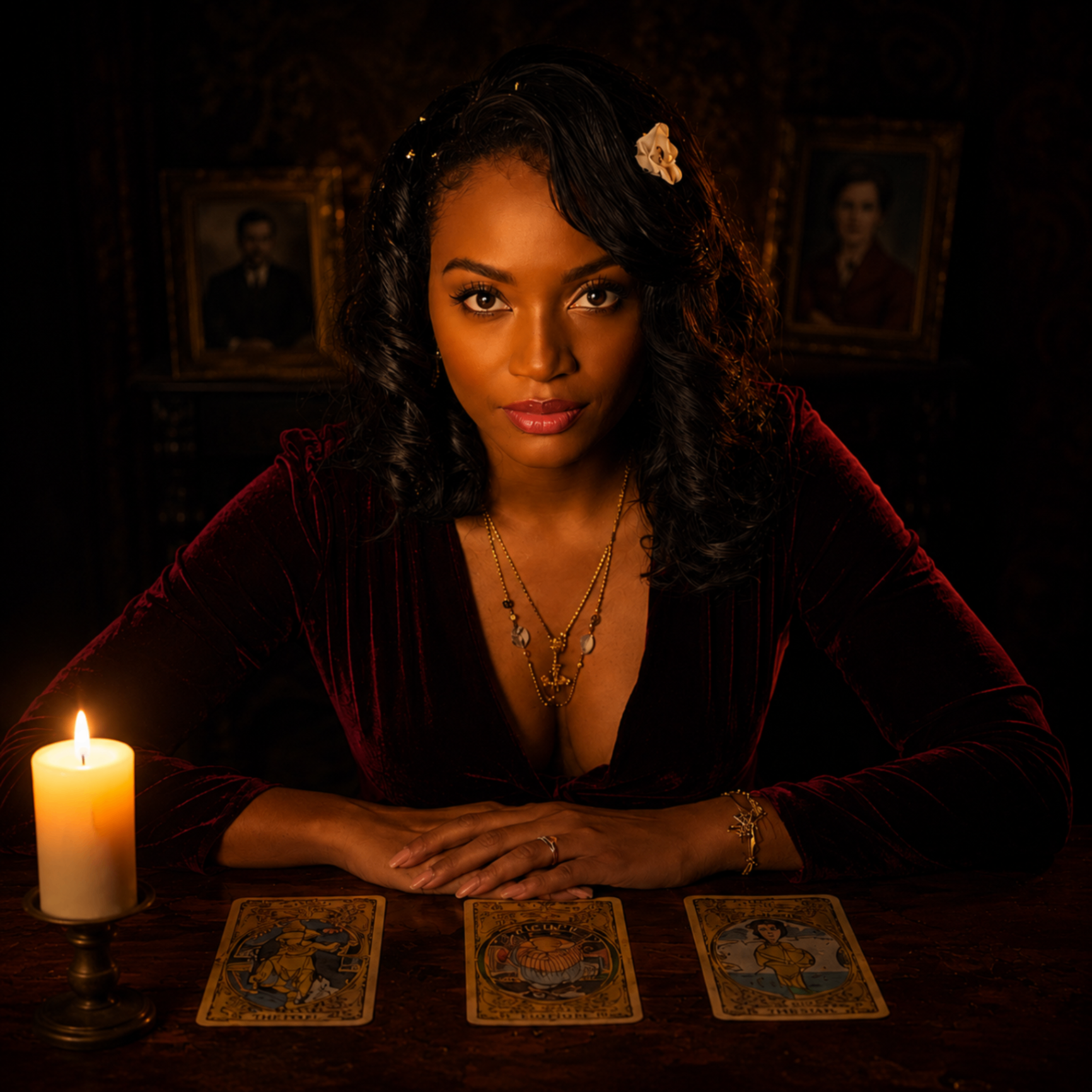 Celeste reading by candlelight